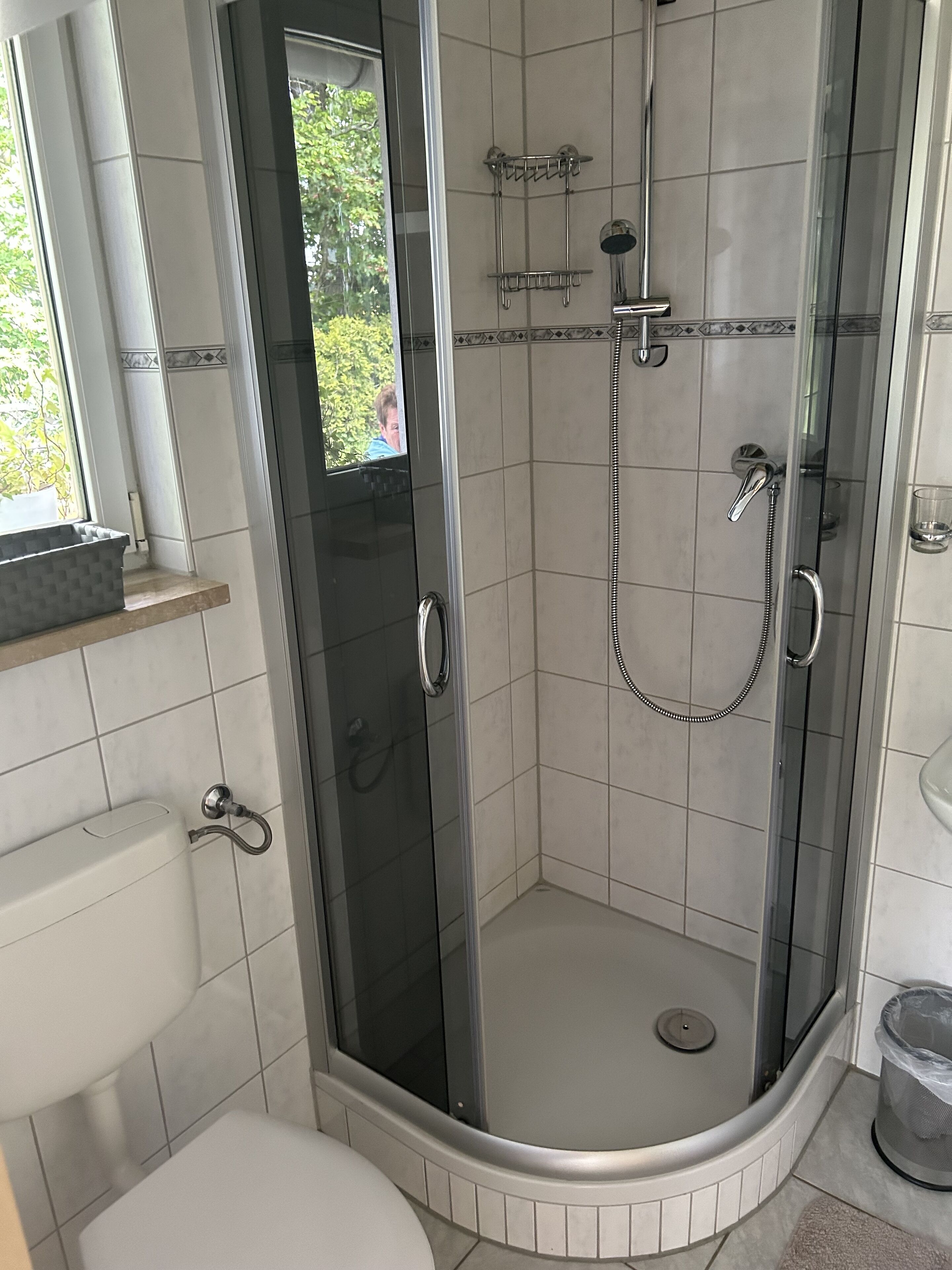 A modern bathroom with a glass-enclosed shower, a toilet, and a sink.