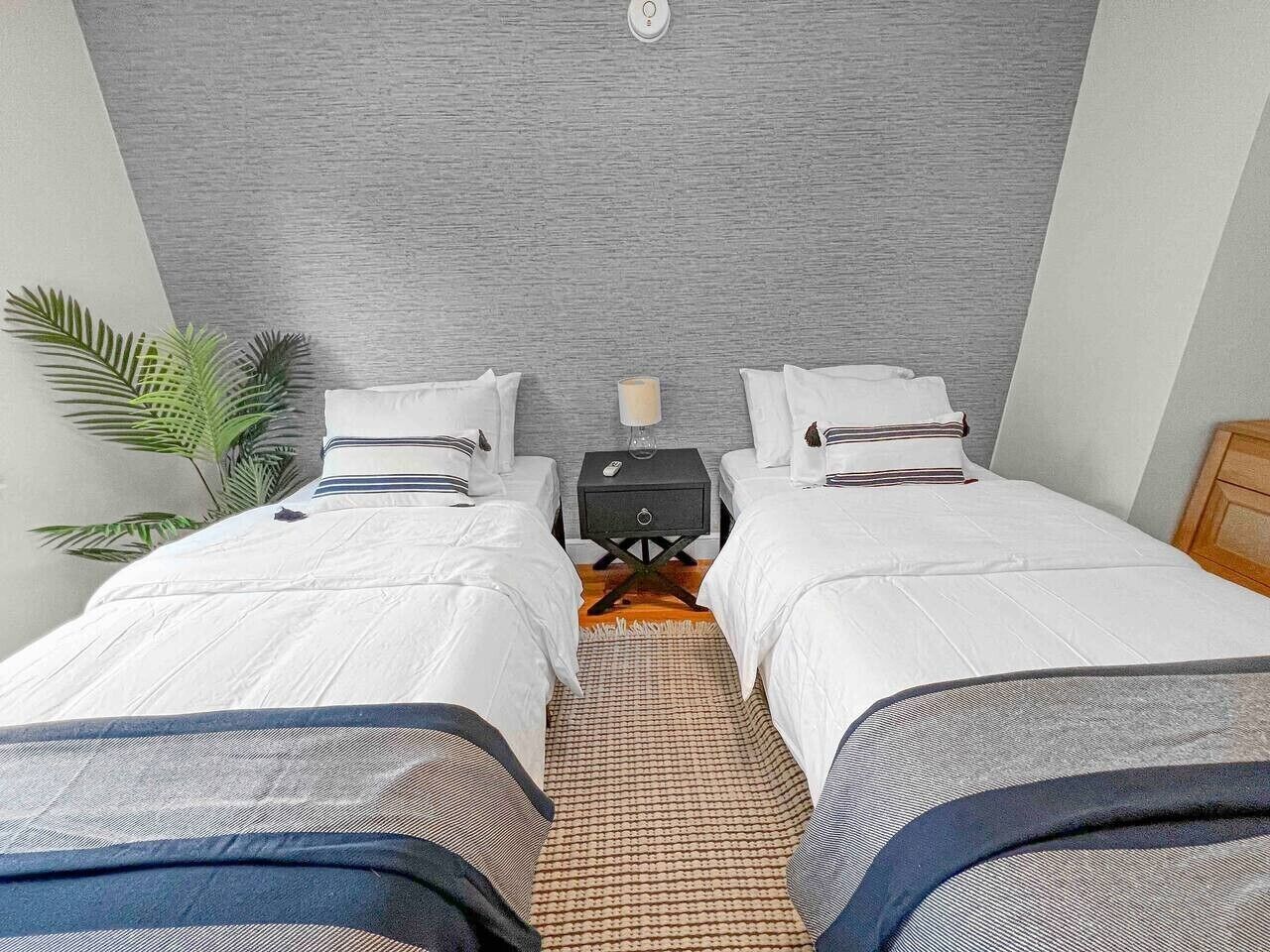 Habitación de hotel con dos camas, una mesita con lámpara, una planta en maceta y una pared gris con textura.