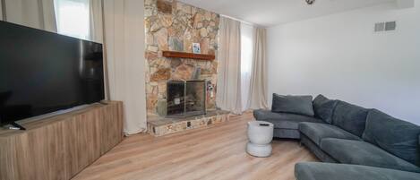 Smart TV, fireplace, books