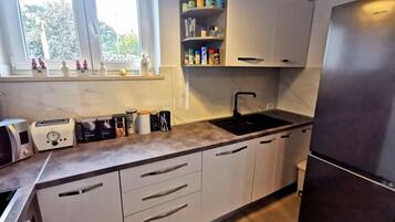 Family Apartment | Private kitchen | Full-size fridge, microwave, oven, stovetop