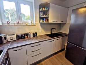 Family Apartment | Private kitchen | Full-size fridge, microwave, oven, stovetop