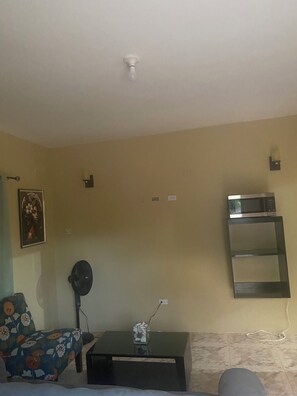 Una sala de estar con sofá, una mesita, un ventilador, microondas y estante fijado a la pared.