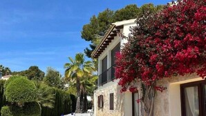 A two-story building with a stone facade, a tiled patio, and a garden with palm trees and red flowers. - Villa El Barranco (Teulada)