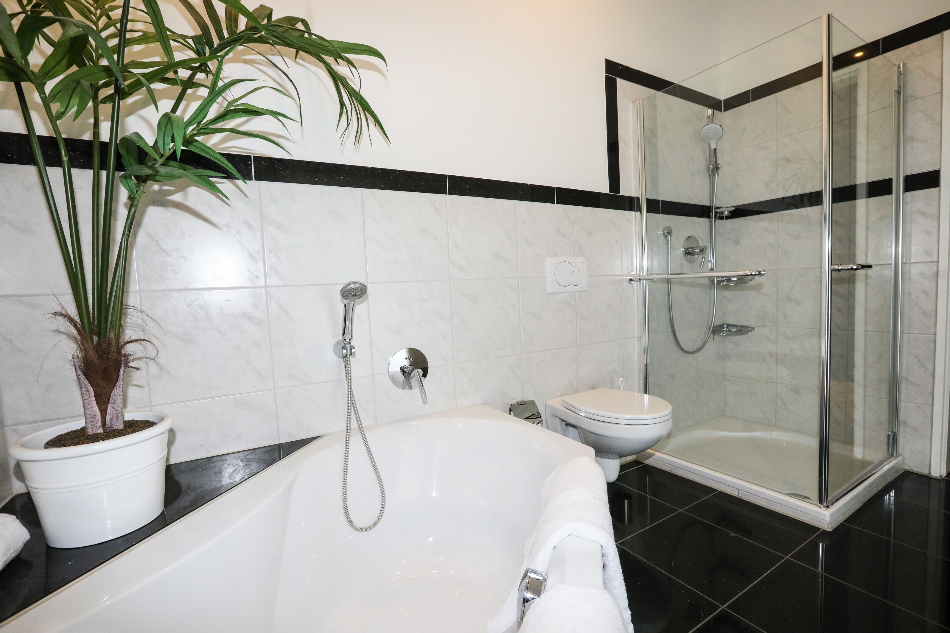 A bathroom with a white bathtub, a glass-enclosed shower, a toilet, and a potted plant.