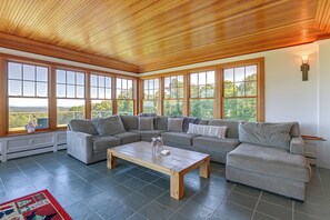 TV, fireplace, music library