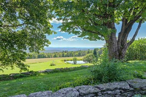 Un paisaje con un árbol grande, un muro de piedra y vistas a colinas distantes.