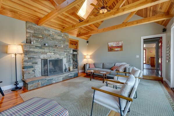 TV, fireplace, books