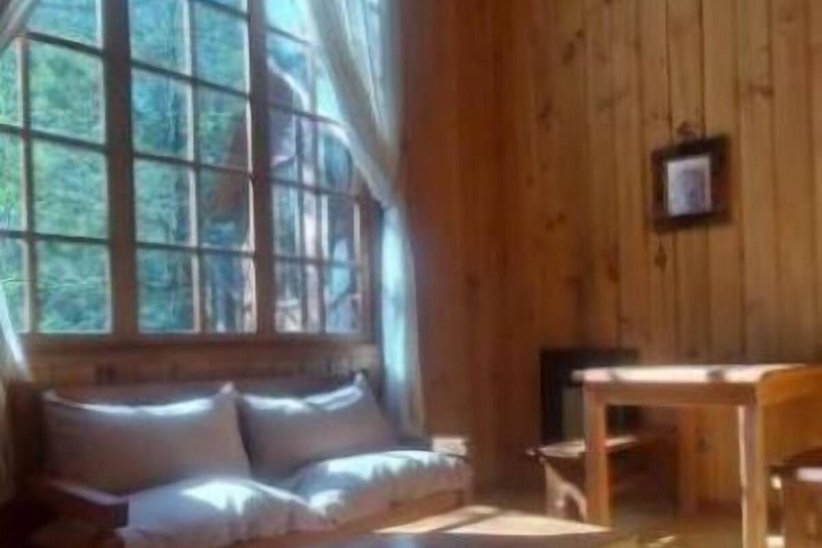 A wooden cabin interior with a sofa, table, and large windows.