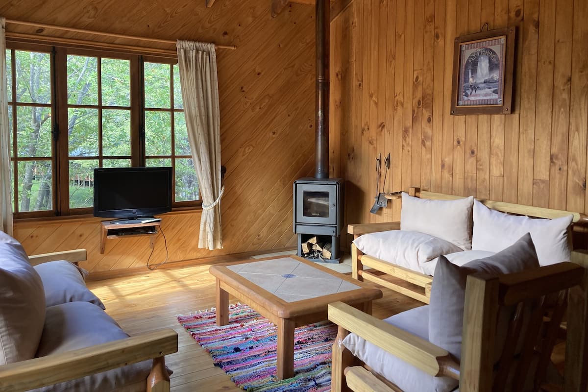 A cozy cabin interior with a wooden interior, a fireplace, a television, and a comfortable seating area.