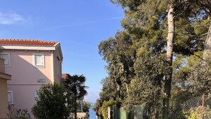 Uma estrada estreita e pavimentada, ladeada por vegetação e um edifício rosa com telhado de azulejos.