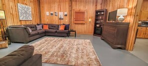 Smart TV, fireplace, books