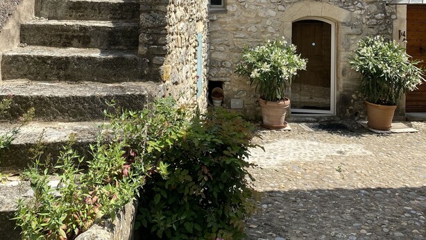 A stone building with a courtyard, a staircase, and potted plants. - Maison DE Hameau - 4 KM Roussillon - 8 KM Gordes (Saint-Saturnin-lès-Apt)