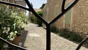 A cobblestone street with stone buildings, a metal fence, and potted plants. - Maison DE Hameau - 4 KM Roussillon - 8 KM Gordes (Saint-Saturnin-lès-Apt)