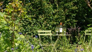 Una mesa metálica verde con una botella y una copa de vino blanco, rodeada de abundante follaje y flores moradas.