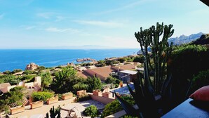 A coastal view with a cactus in the foreground, a patio area with lounge chairs, and a distant view of the sea and mountains. - Fantastic view, maximum relax and wellness. (Costa Paradiso)