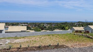 Un barrio residencial con casas, cielo despejado y una vista lejana del océano.