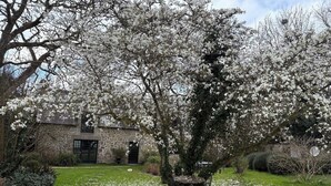 A stone building with a garden in front, surrounded by blooming trees. - Grand Cottage-Near Benodet-Heated Pool (Tréméoc)