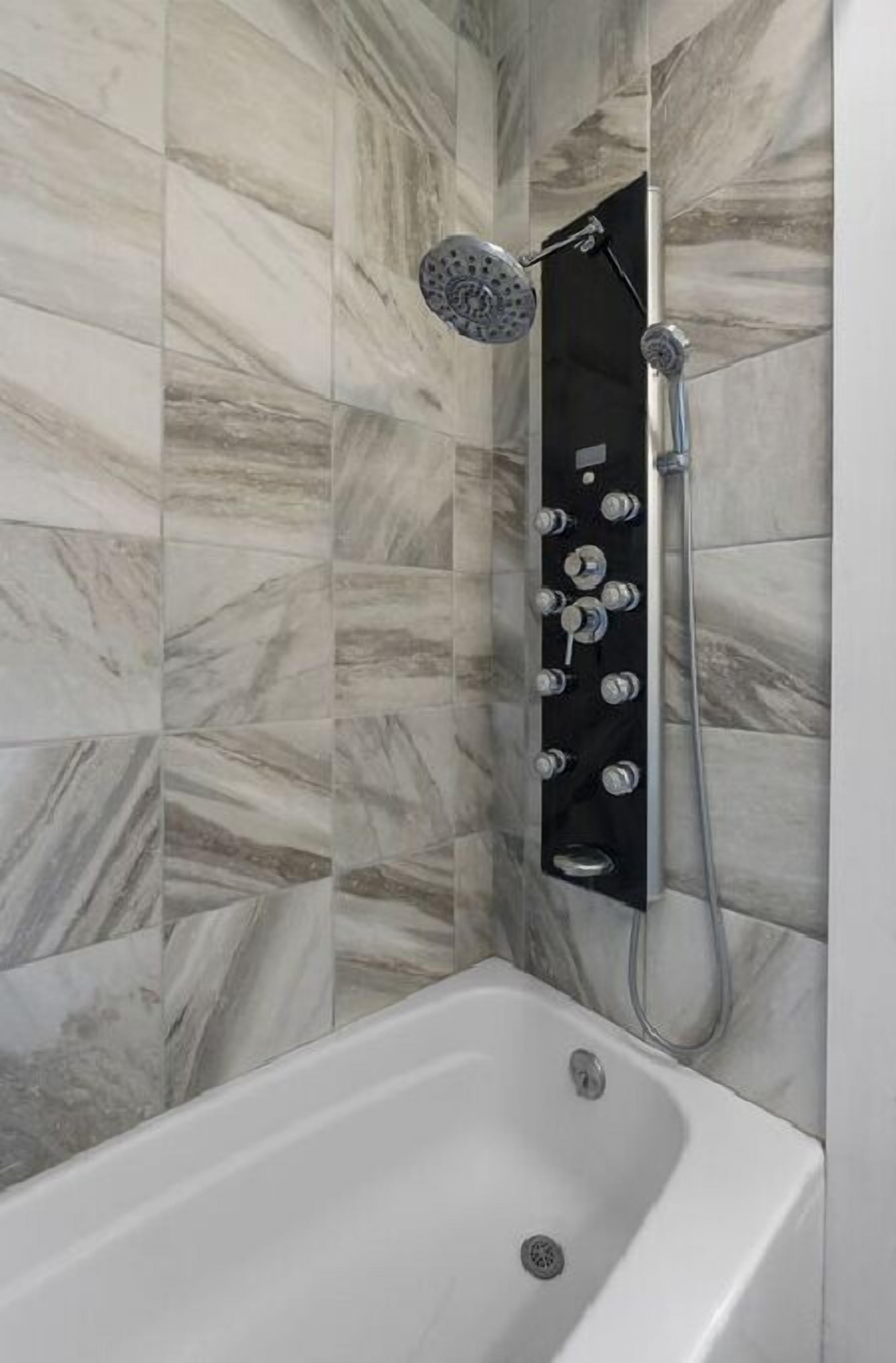 Hair dryer, towels, soap, shampoo