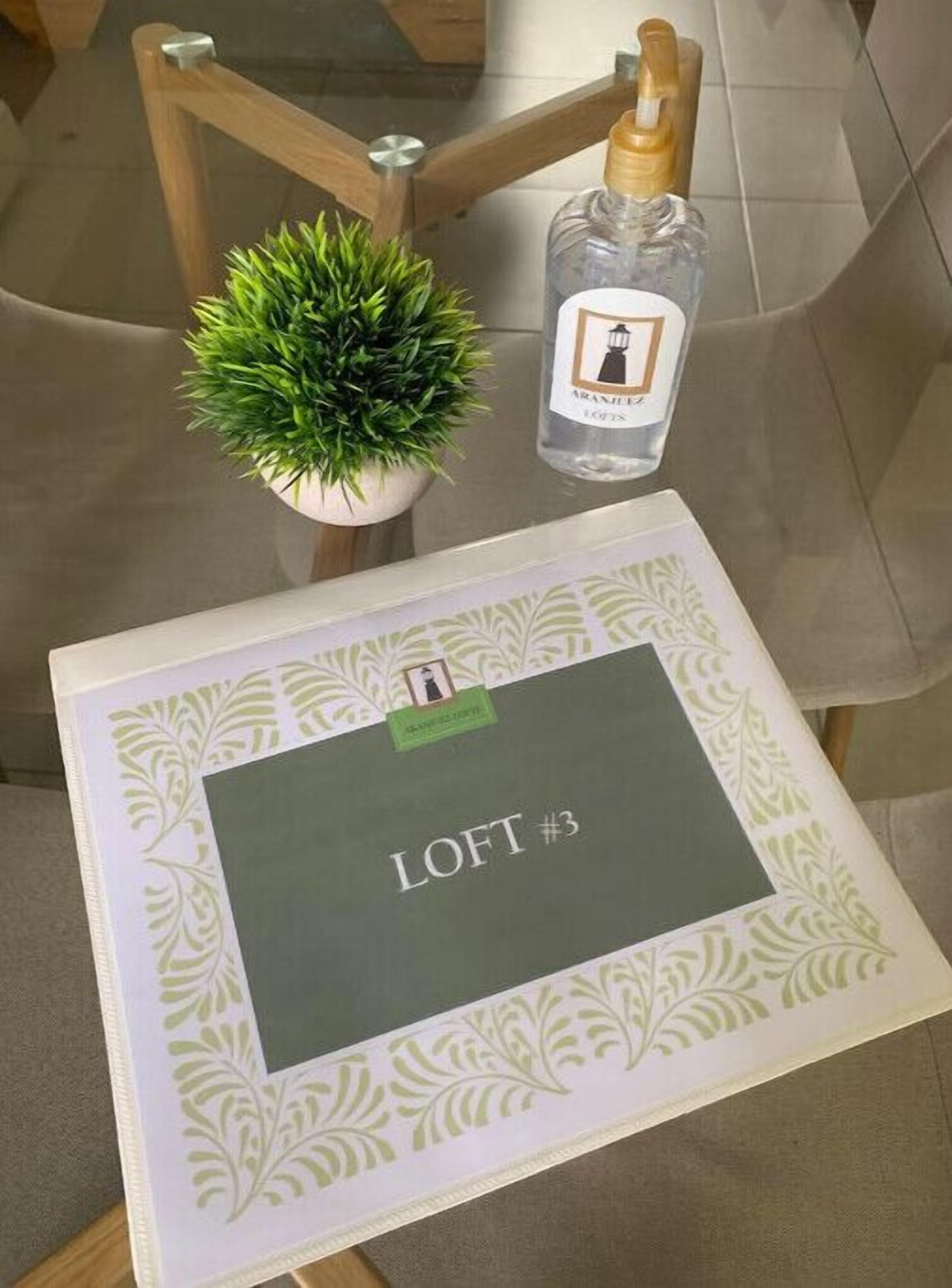 A small potted plant, a bottle of liquid, and a framed item with 'LOFT #3' on a table.