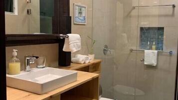Shower, hair dryer, towels, soap