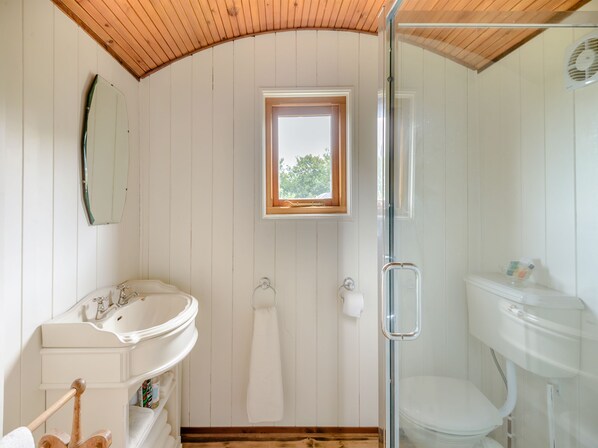 Un baño con techo de madera, una ventana, un lavamanos, un inodoro y una cabina de ducha de vidrio.