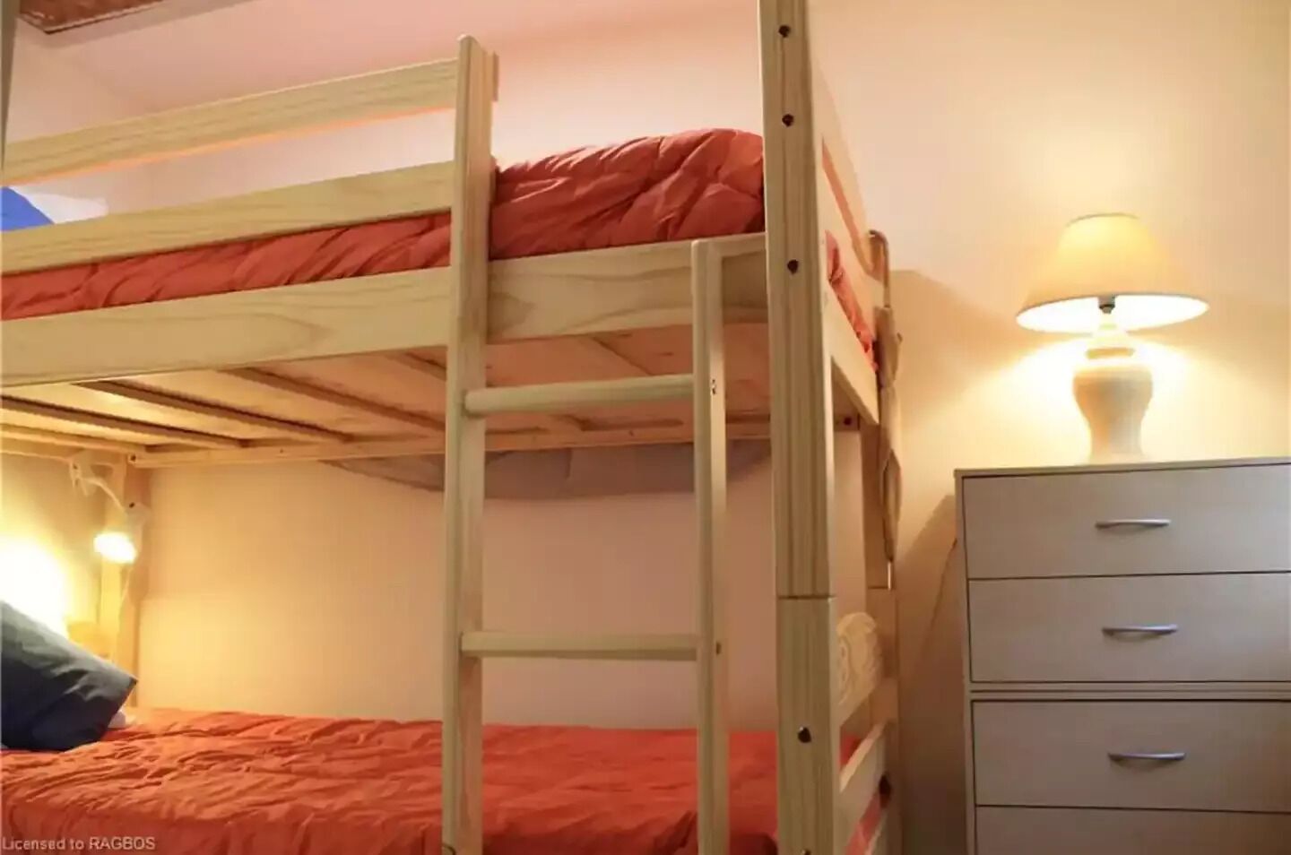 A bunk bed room with a ladder, a bedside table with a lamp, and a dresser.