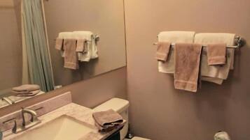 Hair dryer, towels, soap, shampoo