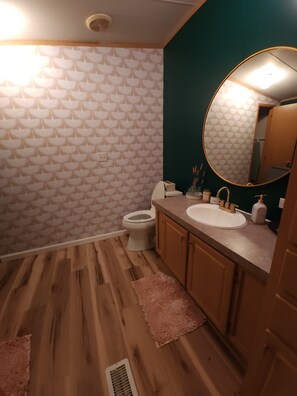 Hair dryer, towels, soap, shampoo