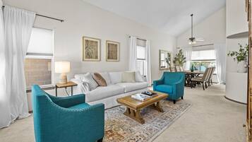 Smart TV, fireplace, books