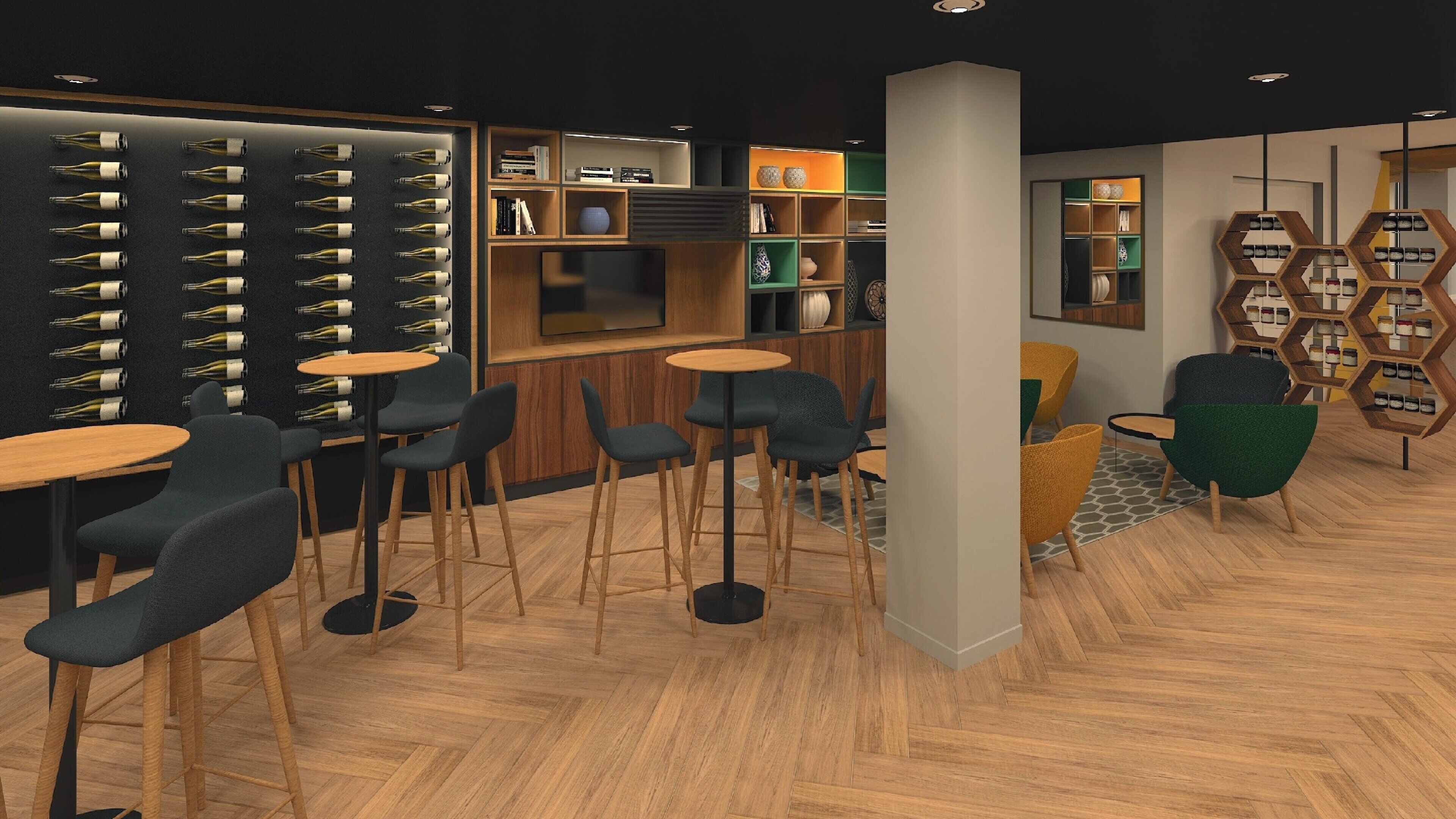 A modern interior with wooden flooring, bar seating, and shelves with bottles.