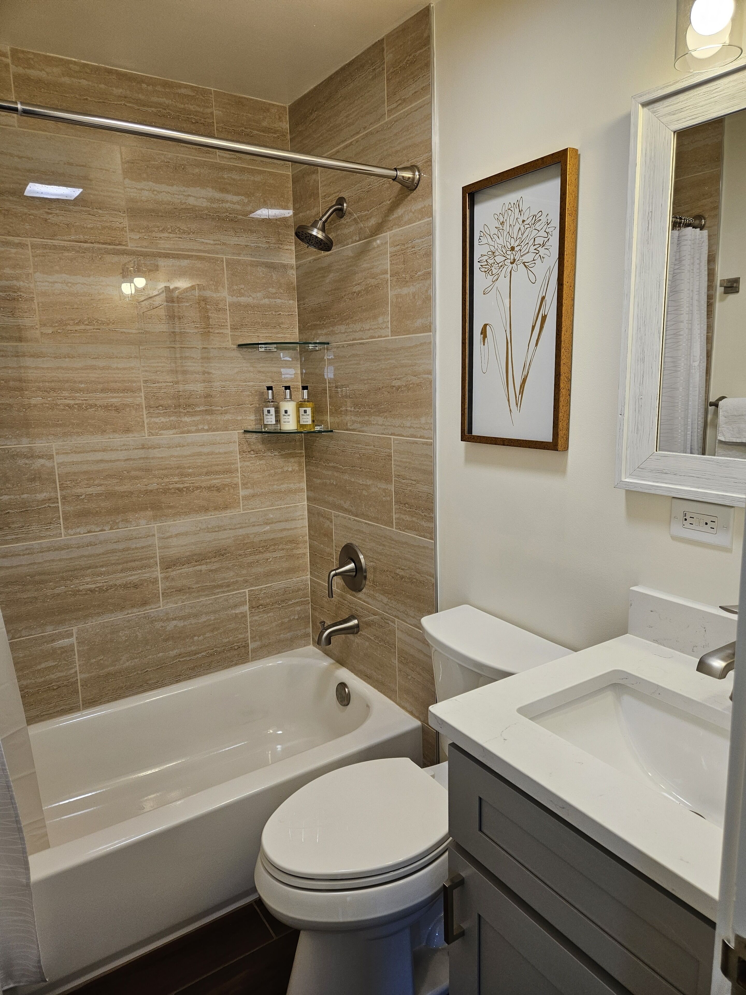 Hair dryer, towels, soap, shampoo