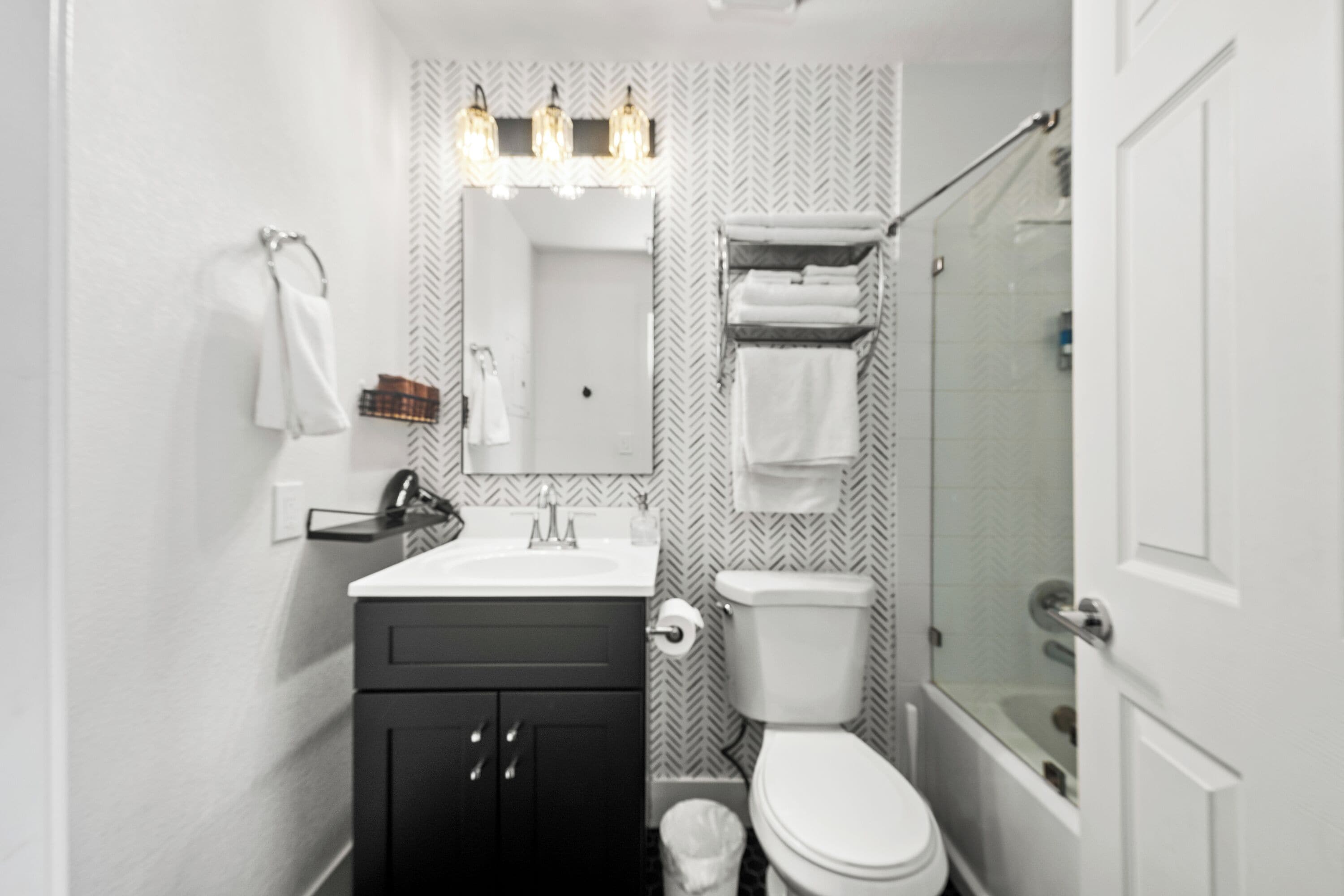 Hair dryer, towels, soap, shampoo