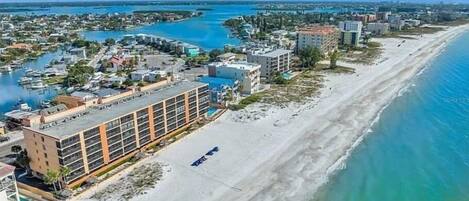 On the beach, sun-loungers, beach towels