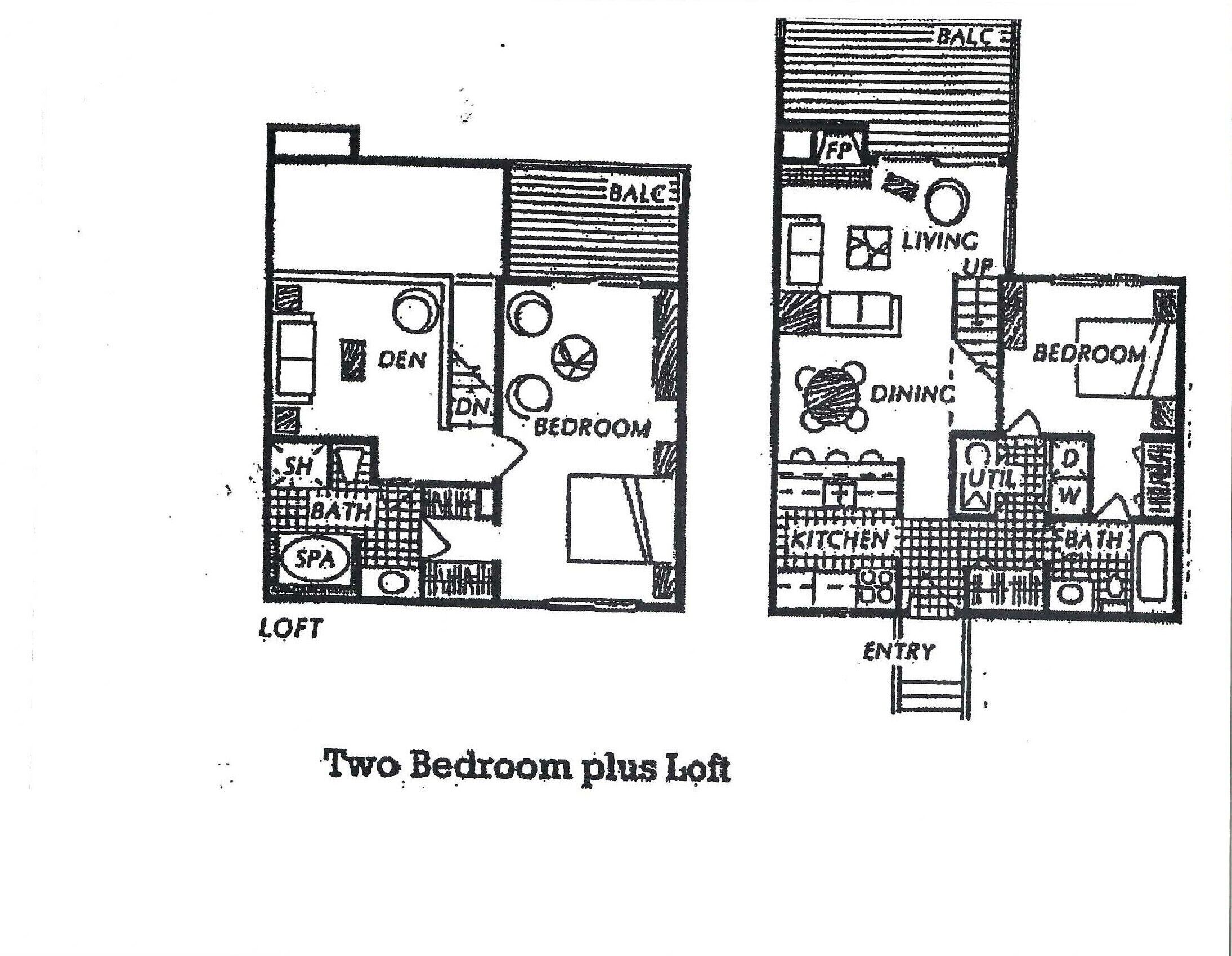 Plano de planta de un apartamento de dos habitaciones más altillo, con sala, comedor y cocina separados.
