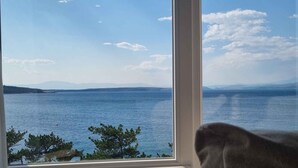 Une vue d’une vaste étendue d’eau, avec des montagnes lointaines et un ciel dégagé.