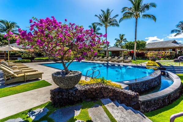 A pool area with lounge chairs, a palm tree, and a well-maintained garden. - Luxury Kolea Golf & Hilton Pass, Partial Ocean View, 2 Min to Beach & Clubhouse (Waikoloa)
