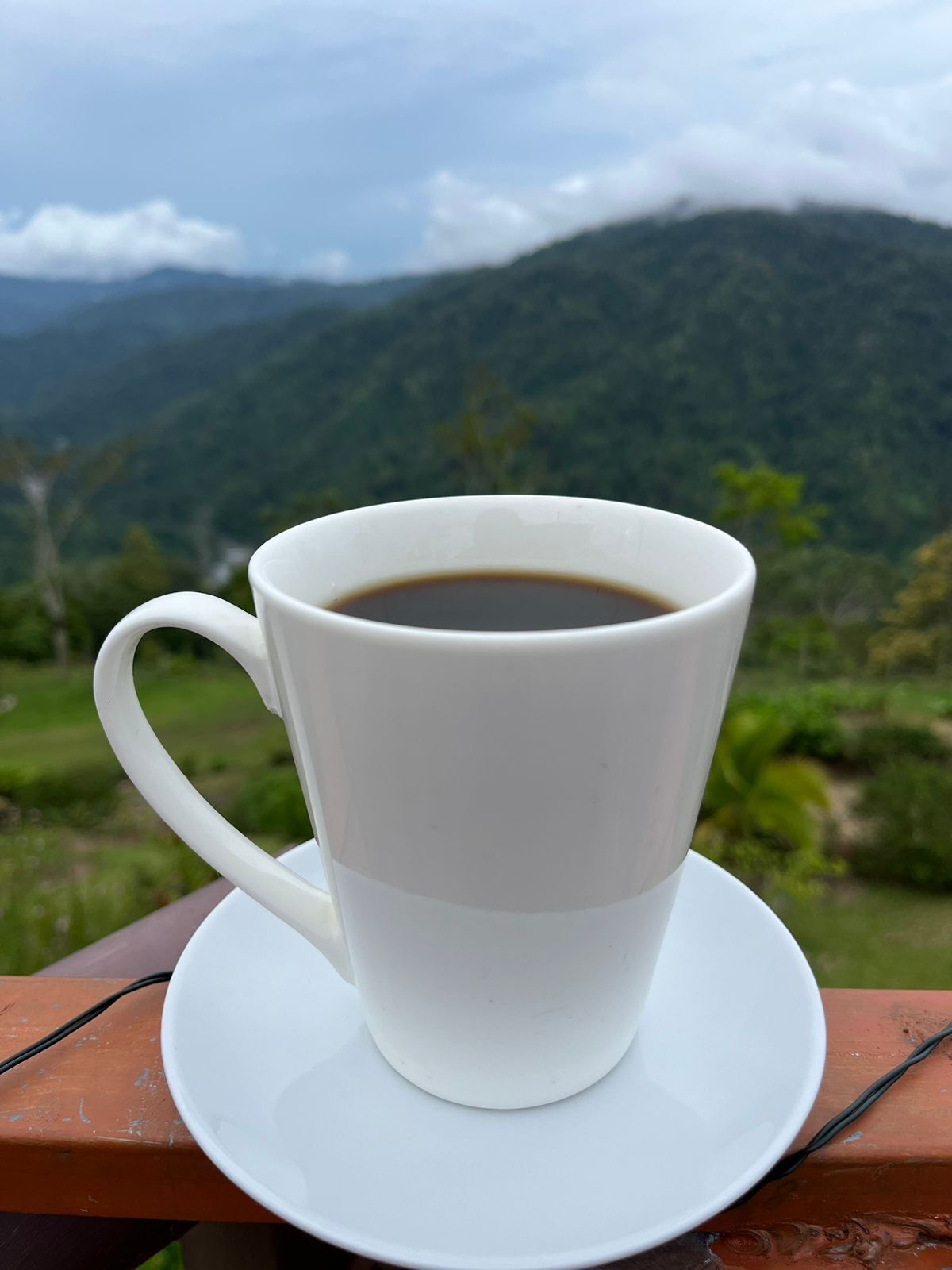 A white cup of coffee on a white saucer, placed on a balcony with a view of green hills and a cloudy sky.