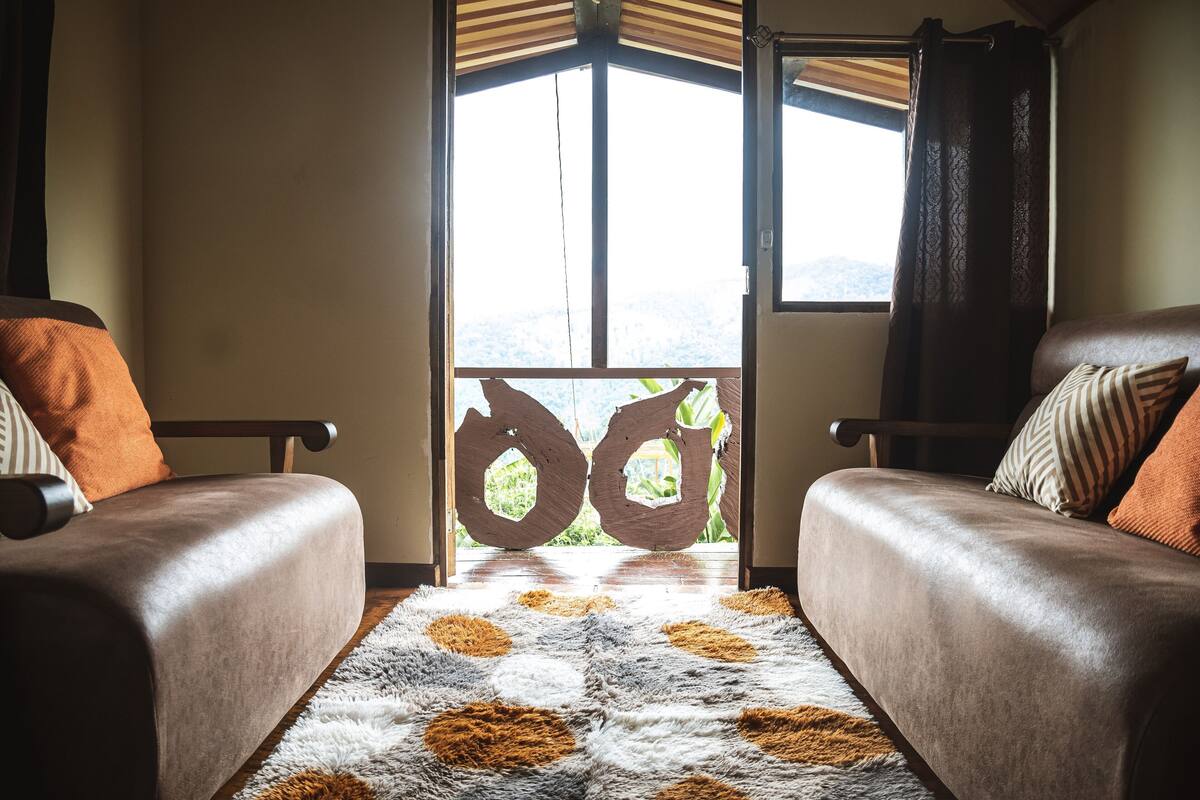A room with two leather sofas, a patterned rug, and a large window with a view of greenery.