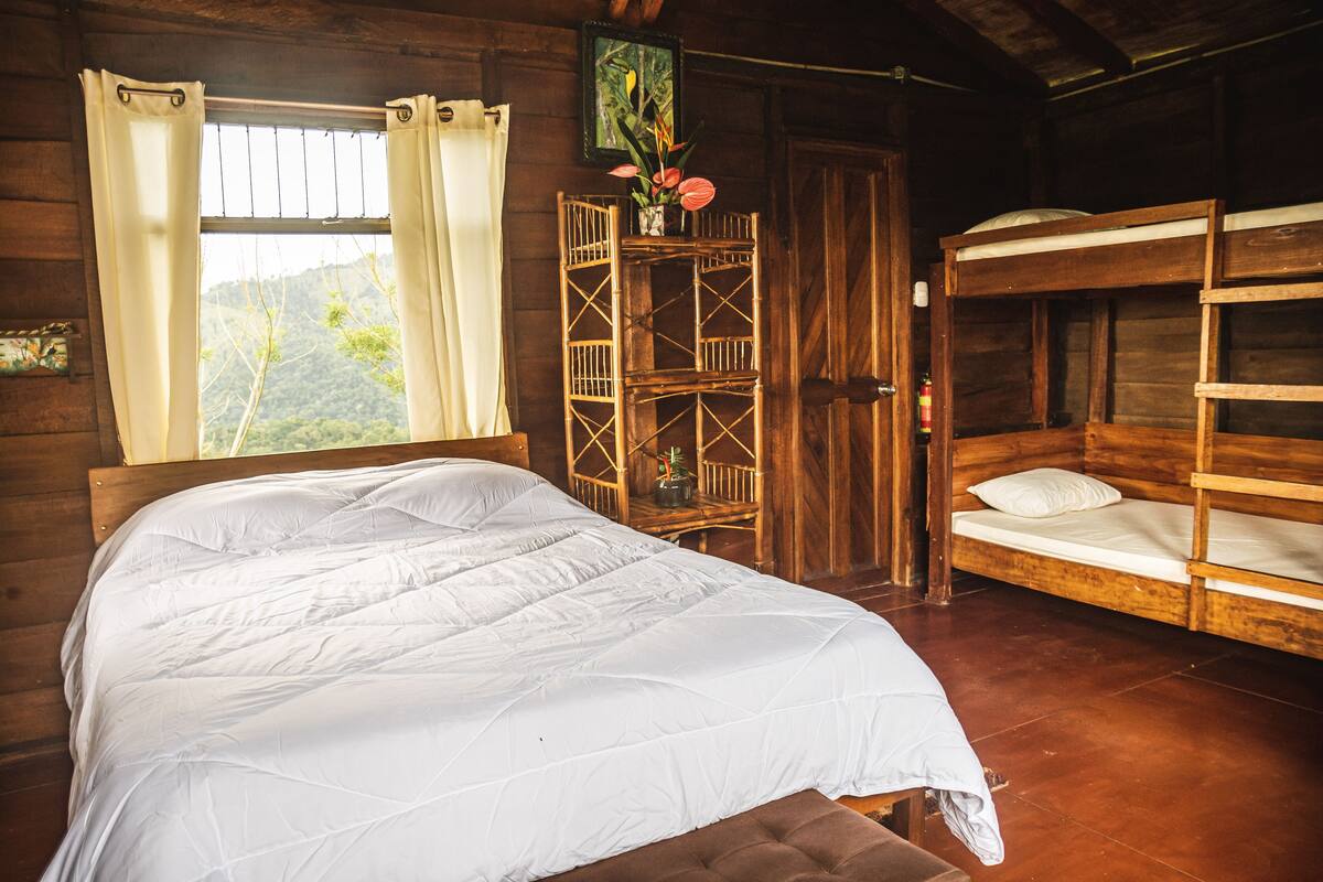 A wooden cabin bedroom with a single bed, a bunk bed, and a window with curtains.