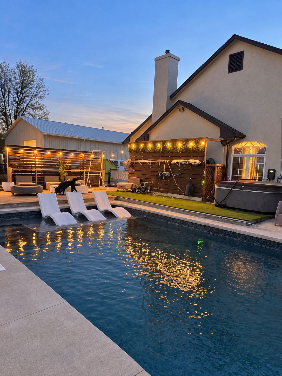 A swimming pool with lounge chairs, a covered patio area with string lights, and a building with a chimney.