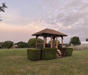 A gazebo with a tiled roof and wooden beams, surrounded by neatly trimmed hedges and grass.