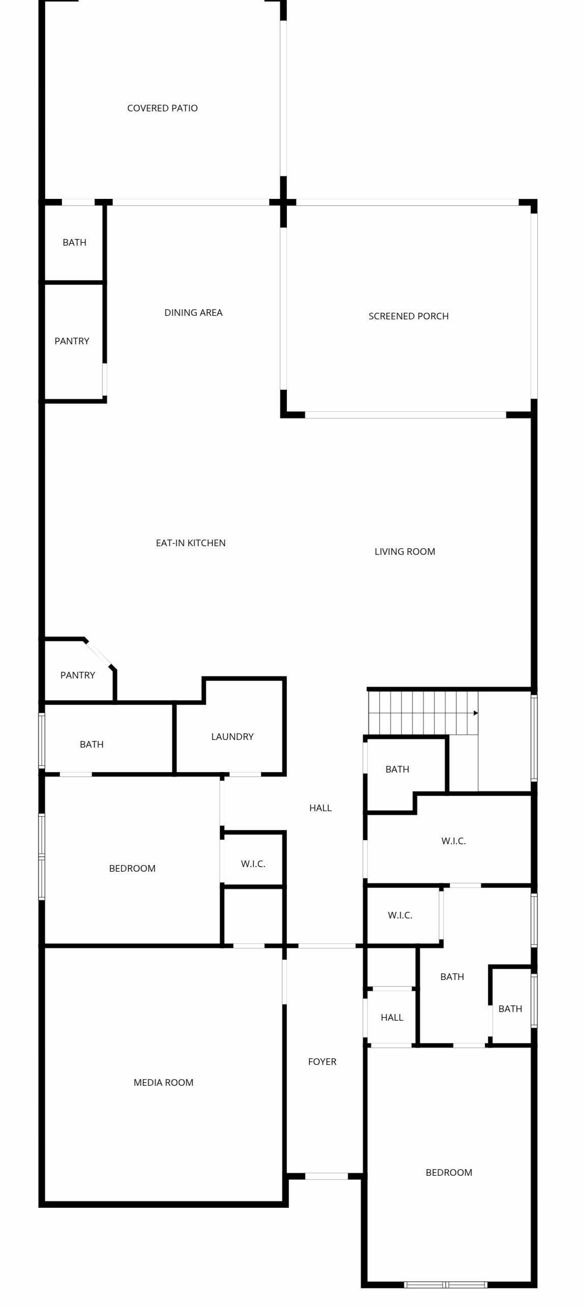 A floor plan with a covered patio, dining area, screened porch, eat-in kitchen, living room, bathroom, laundry, bedroom, foyer, media room, and two hallways.