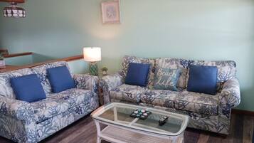 A living room with two patterned sofas, a glass coffee table, and a lamp.