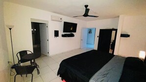 Une chambre à coucher avec un lit, un téléviseur, un ventilateur de plafond et une porte.