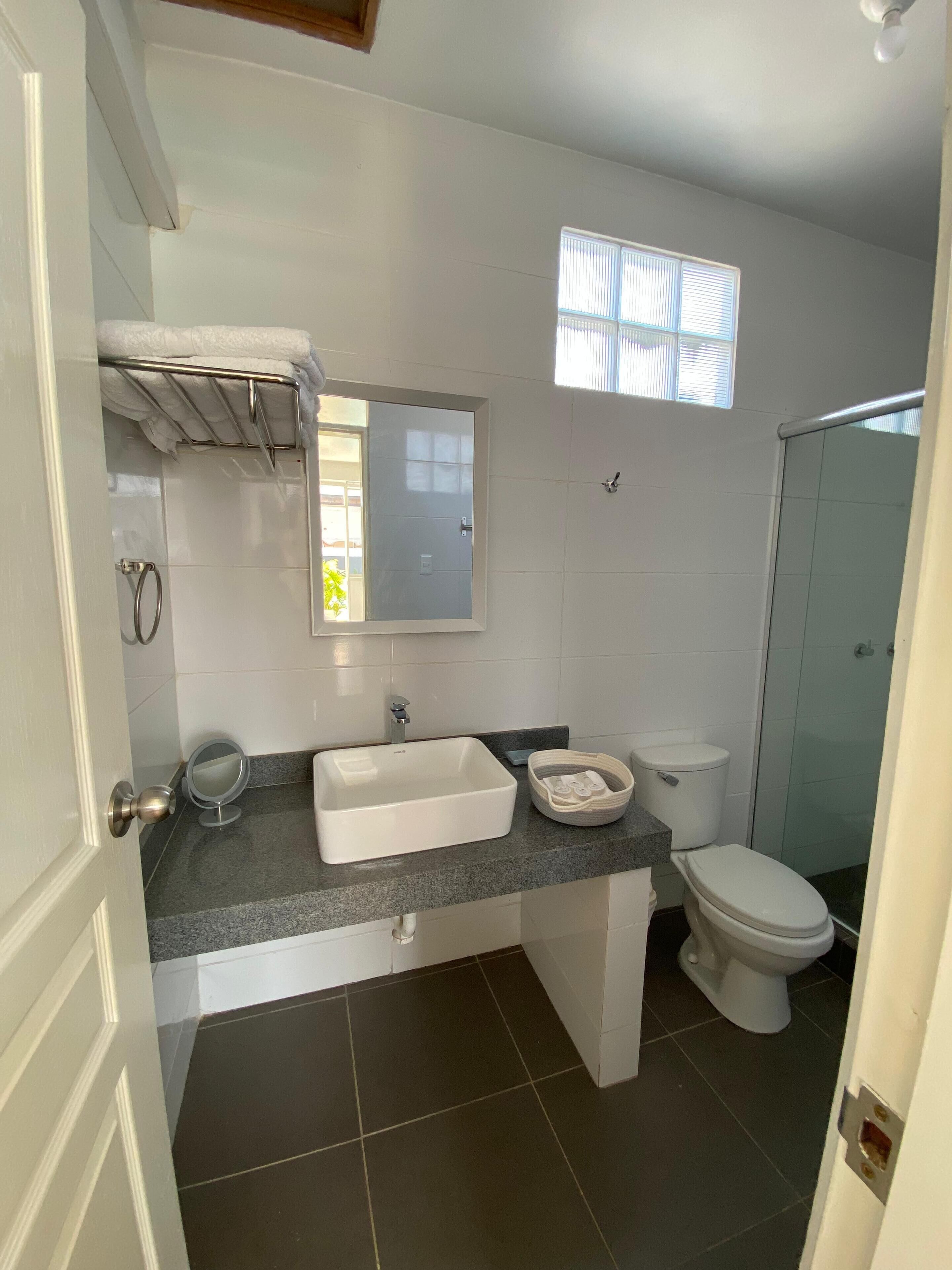 Un baño con un lavabo blanco, un espejo, un inodoro y una ducha.