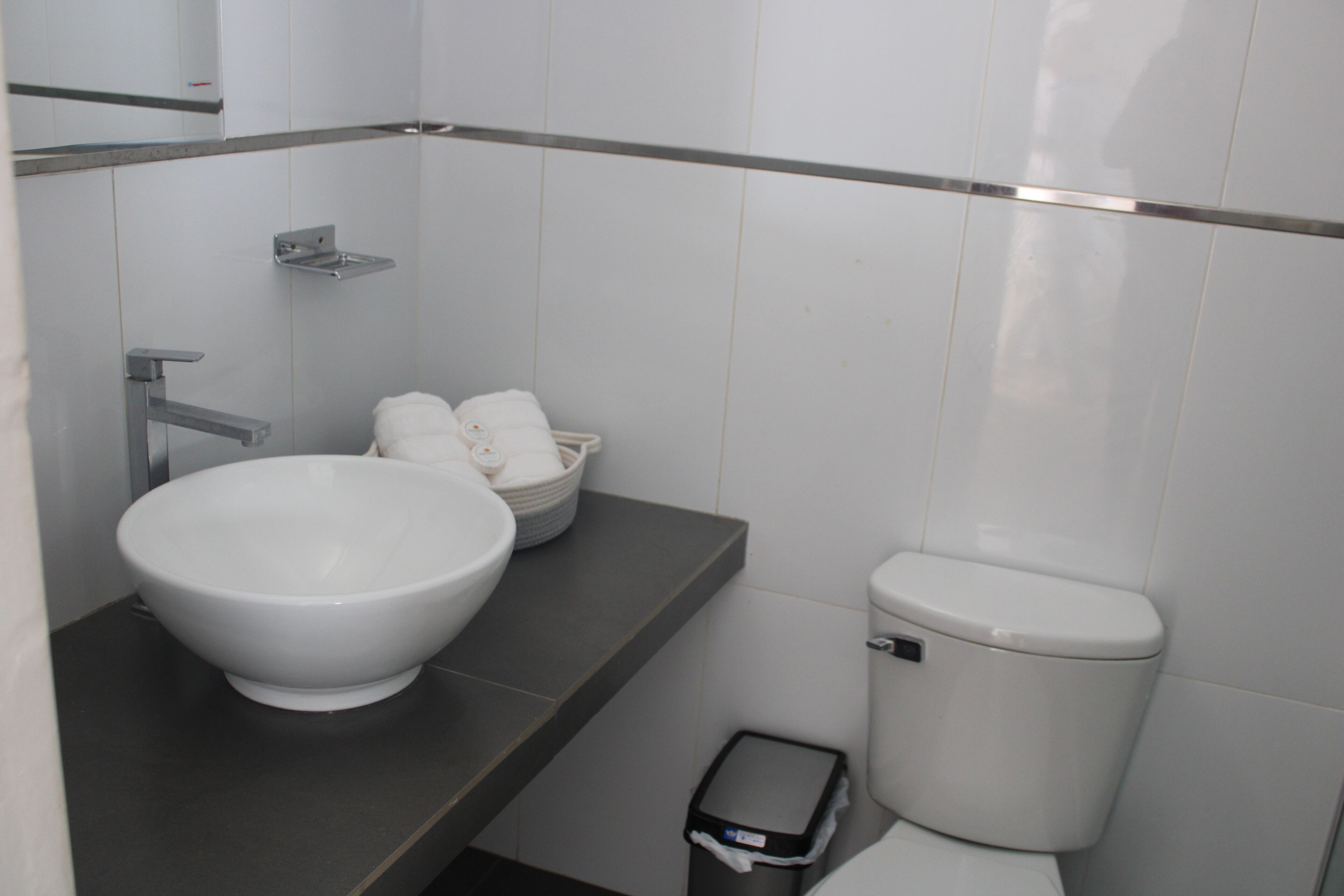 Un baño moderno con un lavamanos grande de color blanco, un inodoro y un cubo de basura.