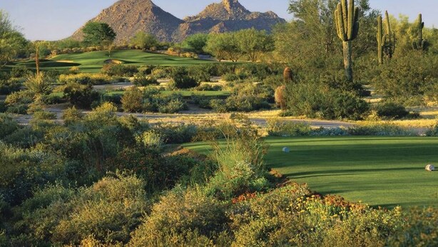 Een woestijnlandschap met een golfbaan, cactussen en bergen op de achtergrond.
