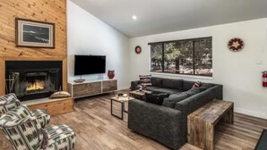 Un salon moderne doté d’une cheminée, d’une grande fenêtre offrant une belle vue et d’un téléviseur à écran plat.