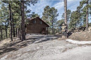 Escape to a secluded cabin surrounded by tall pine trees, perfect for a peaceful retreat.