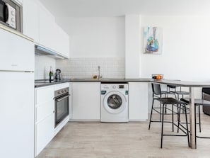 Fridge, microwave, coffee/tea maker, toaster